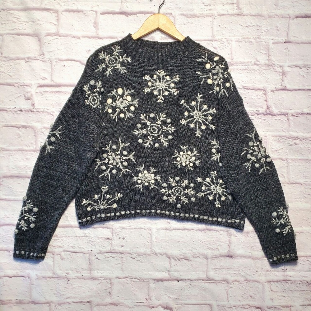 VTG High Sierra II Artsy 2D Snowflake Sweater Women Medium Gray White Winter 90s